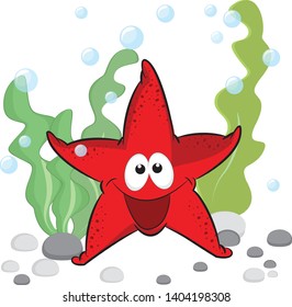 Cute red smiling sea star with shiny eyes on under the sea background.