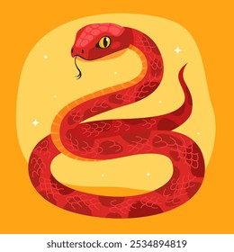 Cute red snake on a yellow background. New Year of the Snake, Lunar New Year or Chinese New Year. Animal zodiac cartoon character, mascot, symbol of the year. Illustration for greeting card.