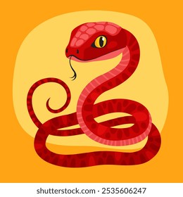 Cute red snake on a yellow background. New Year of the Snake, Lunar New Year or Chinese New Year. Animal zodiac cartoon character, mascot, symbol of the year. Illustration for greeting card.