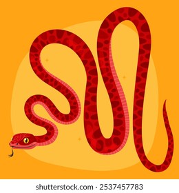 Cute red snake on a yellow background. New Year of the Snake, Lunar New Year or Chinese New Year. Animal zodiac cartoon character, mascot, symbol of the year. Illustration for greeting card.