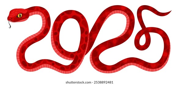 Cute red snake in the shape of the number 2025 isolated on a white background. New Year of the Snake, Lunar New Year or Chinese New Year. Zodiac animal cartoon character.