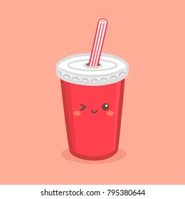 Cute Red Soda Cola Paper Cup with Straw Vector Illustration Cartoon Character