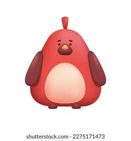 Cute red sparrow toy for children 3D illustration. Cartoon drawing of adorable bird character in 3D style on white background. Nature, animals, childhood, entertainment concept