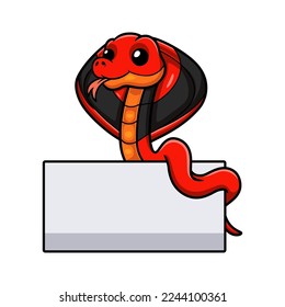 Cute red spitting cobra cartoon with blank sign