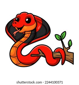 Cute red spitting cobra cartoon on tree branch