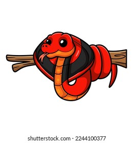 Cute red spitting cobra cartoon on tree branch
