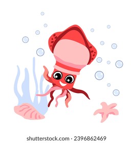 Cute red squid with bubbles underwater, seashells and seaweed. Vector illustration of sea life character