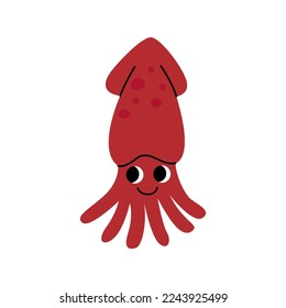 Cute red squid swimming, marine animal. Inhabitants of sea, ocean underwater life. Childish aquatic mammals print for nursery, kids apparel, poster, postcard, pattern. Cartoon vector.