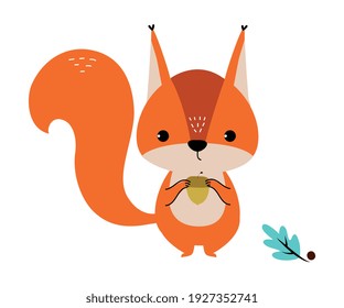 Cute Red Squirrel with Bushy Tail Holding Acorn Vector Illustration