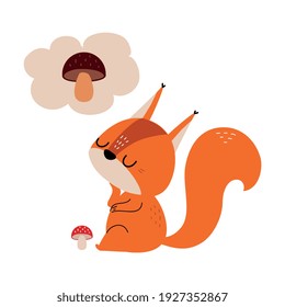 Cute Red Squirrel with Bushy Tail Dreaming About Mushroom Vector Illustration