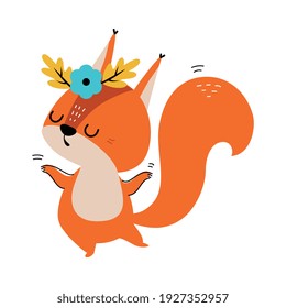 Cute Red Squirrel with Bushy Tail Wearing Floral Wreath on Its Head and Dancing Vector Illustration