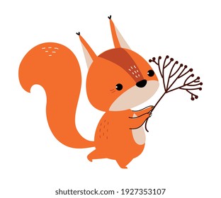 Cute Red Squirrel with Bushy Tail Carrying Tree Branch Vector Illustration