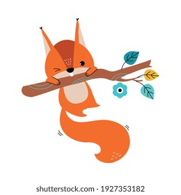 Cute Red Squirrel with Bushy Tail Swinging on Tree Branch Vector Illustration