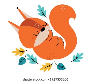 Cute Red Squirrel with Bushy Tail Sleeping in Forest Foliage Vector Illustration