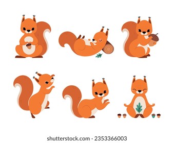 Cute Red Squirrel with Bushy Tail Vector Illustration Set