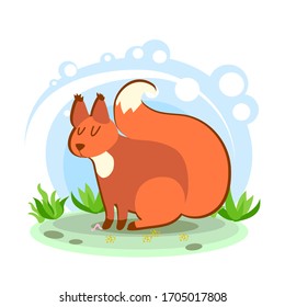 cute red squirrel. Cartoon children's style. Character in location. Glade with plants and sky. simplified style. Vector stock illustration. Wild, pets on the background of the landscape Forest animal