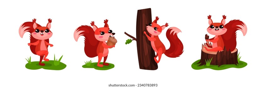 Cute Red Squirrel Character with Bushy Tail Engaged in Different Activity Vector Set