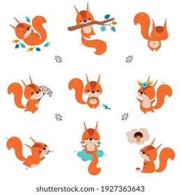 Cute Red Squirrel Dancing and Swinging on Tree Branch Vector Set