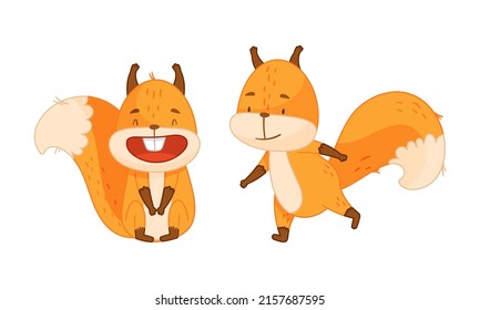 Cute red squirrel in different actions set. Happy funny emotional little forest animal cartoon vector illustration