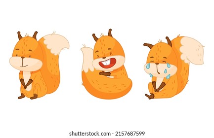 Cute red squirrel in different actions set. Funny emotional little forest animal cartoon vector illustration