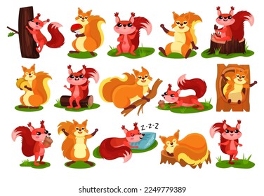 Cute Red Squirrel as Fluffy Forest Creature with Bushy Tail Engaged in Different Activity Big Vector Set