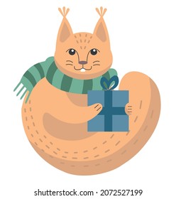 Cute red squirrel in a green striped scarf holds a christmas gift wrapped in blue wrapping paper in its paws. Cartoon vector illustration in flat style.