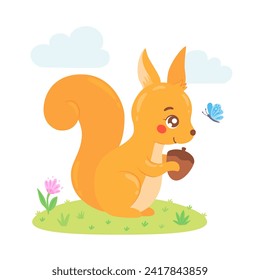 Cute red squirrel holding an acorn in hand drawn cartoon style. Funny animal with nut, clouds, butterfly, flower. Smiling character for nursery clothing, card, poster, print, children's design