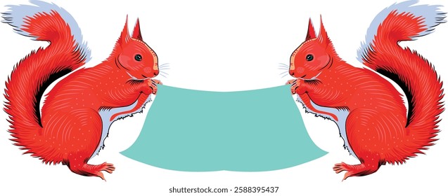 A cute red squirrel illustration holding a blank banner, perfect for invitations, greeting cards, and labels. Editable EPS, PNG, JPEG formats available for designers and creatives. Decorative