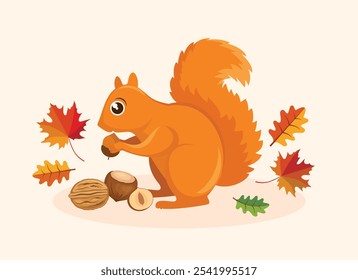 Ardilla roja linda con nueces y hojas de otoño Ilustración vectorial. Adorable ardilla naranja sosteniendo bellota en otoño hojas de color Ilustración vectorial en estilo de dibujos animados