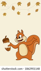 Cute Red Squirrel on autumnal concept with maple leaves for greeting, thanksgivings card and cover.	