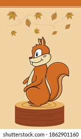 Cute Red Squirrel on autumnal concept with maple leaves for greeting, thanksgivings card and cover.	