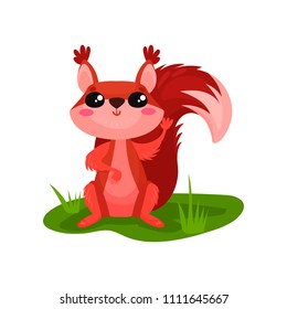 Cute red squirrel sitting on grass and waving paw. Small forest animal with fluffy tail. Flat vector element for sticker or children book