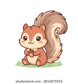 Cute red squirrel sitting on grass with an acorn. A charming reddish brown squirrel with a large bushy tail holding an acorn while sitting on a small green patch of grass with tiny flowers. Ideal for spring themed graphics or animal cards.