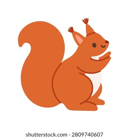 Cute red squirrel sitting vector illustration. Flat design woodland rodent animal icon with fluffy tail isolated on white background. Perfect for autumn designs, nursery decor, and children books