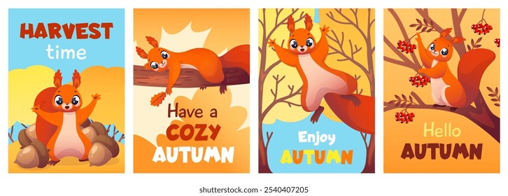 Cute red squirrels autumn cards. Funny forest animals climb trees, nuts and berries harvested and stored, cozy season mascots, childish print or poster, vector cartoon flat style isolated set