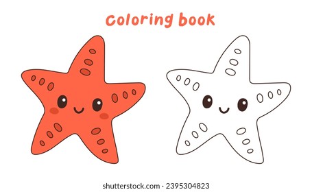 Cute red starfish vector illustration undersea, sea life coloring book or coloring page