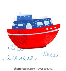 Cute red steamship in sea waves. Sea travel transport. Steamboat. Cartoon flat marine card. Kids nautical hand drawn vector illustration.Childish background. Isolated white background.