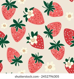 cute red strawberries and flowers seamless pattern, flat illustration