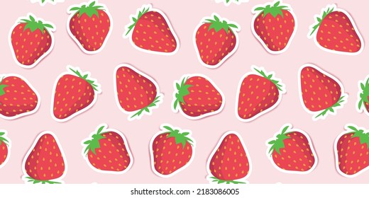 Cute red strawberries on a pink background. Trendy strawberry pattern design for wallpapers, print, fabric and stationery design. Red strawberry sticker pattern. Illustrated vector fruit.