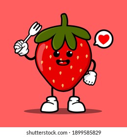 cute red strawberry cartoon mascot character funny expression holding fork