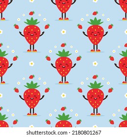 Cute red strawberry character juggling little strawberries and flowers vector seamless pattern background for food and nature design.