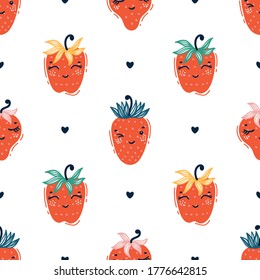 Cute Red Strawberry. Colorful Kawaii Strawberries Vector Seamless pattern. Sweet Ripe Berries Background. Summer Fruit Wallpaper for Kids