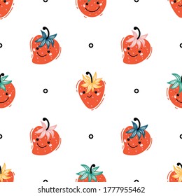 Cute Red Strawberry. Colorful Kawaii Strawberries Vector Seamless pattern. Sweet Ripe Berries Background. Summer Fruit Wallpaper for Kids