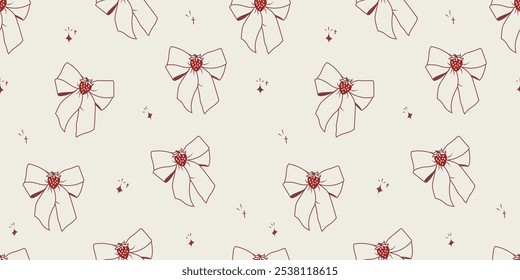 Cute Red Strawberry in Coquette Ribbon Seamless Pattern Retro Style