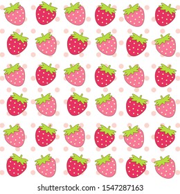 Cute red strawberry and green leaf with pink polka dot isolated on white background.Design for print screen backdrop ,Fabric and tile pattern wallpaper.Cartoon fruit. 