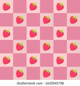 Cute red strawberry with green leaf on pink grid background.Geometric style.Berry fruit pattern.Summer concept.Design for print or screen backdrop or wallpaper.Vector.illustration.