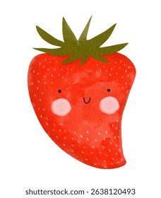 Cute Red Strawberry With Green Leaves. Kawaii Style Print with Happy Strawberry with Big Smile, Isolated on a White Background. Funny Fruit Print Perfect for Wall Art, Poster. Lovely Nursery Art.RGB.	