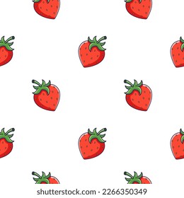 Cute rojo Fresa sin costura en estilo doodle. Dibujo de la caricatura de Strawberry a mano vectora. Esbozo dibujado a mano de fresa. Patrón para ropa infantil.