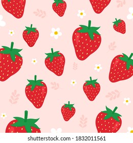Cute red strawberry and white strawberry flower pattern on pastel pink background