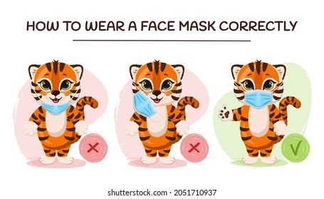 Cute red striped tiger in medical protective mask with thumbs up. How to wear a face mask correctly. Attention sign.